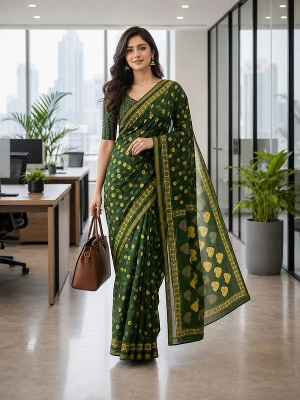 Leelavati_Printed_Floral_Print_Geometric_Print_Blocked_Printed_Woven_Daily_Wear_Pure_Cotton_Saree_Green