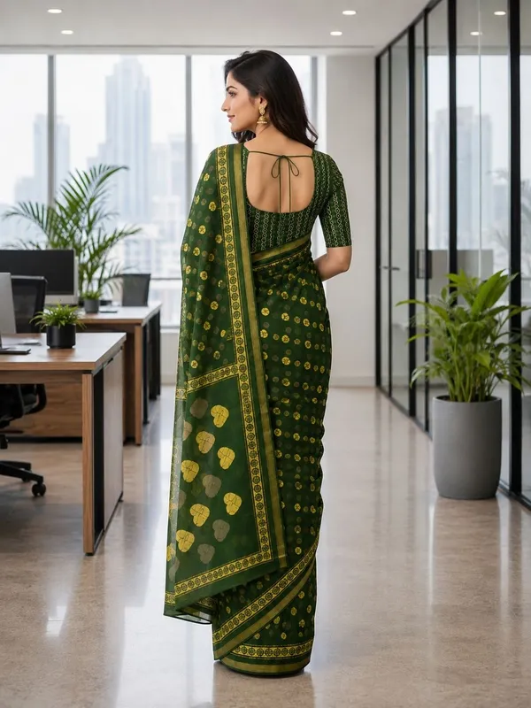 Leelavati_Printed_Floral_Print_Geometric_Print_Blocked_Printed_Woven_Daily_Wear_Pure_Cotton_Saree_Green