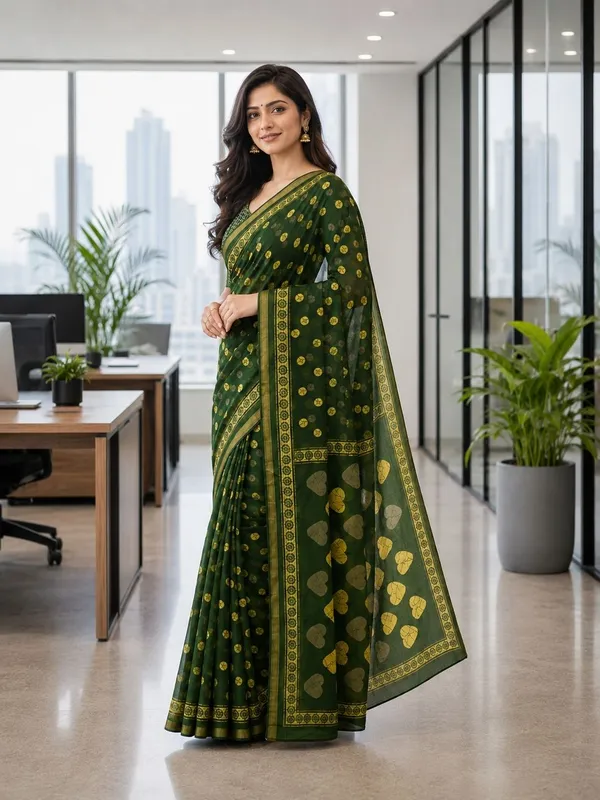 Leelavati_Printed_Floral_Print_Geometric_Print_Blocked_Printed_Woven_Daily_Wear_Pure_Cotton_Saree_Green
