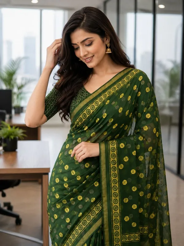 Leelavati_Printed_Floral_Print_Geometric_Print_Blocked_Printed_Woven_Daily_Wear_Pure_Cotton_Saree_Green