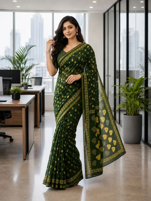 Leelavati_Printed_Floral_Print_Geometric_Print_Blocked_Printed_Woven_Daily_Wear_Pure_Cotton_Saree_Green
