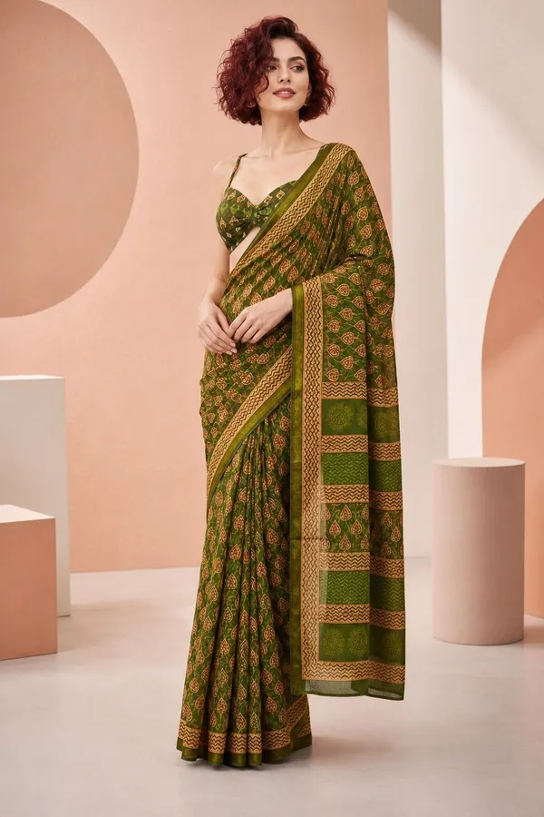 Leelavati_Printed_Floral_Print_Geometric_Print_Blocked_Printed_Woven_Daily_Wear_Pure_Cotton_Saree_Green