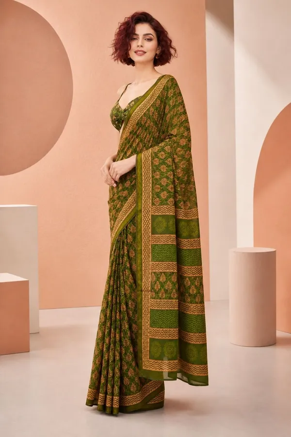 Leelavati_Printed_Floral_Print_Geometric_Print_Blocked_Printed_Woven_Daily_Wear_Pure_Cotton_Saree_Green