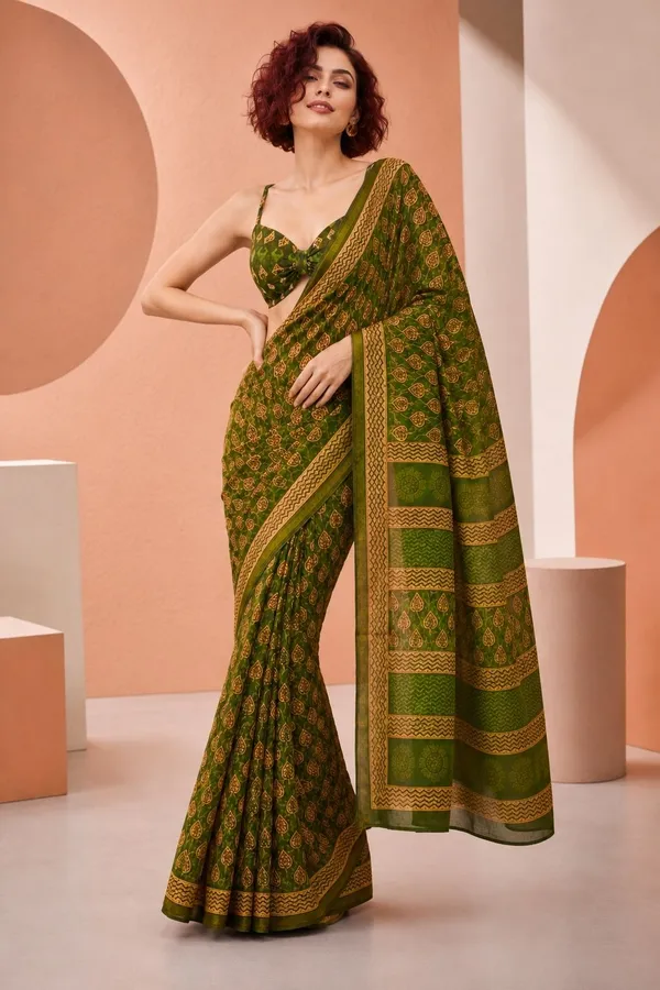 Leelavati_Printed_Floral_Print_Geometric_Print_Blocked_Printed_Woven_Daily_Wear_Pure_Cotton_Saree_Green