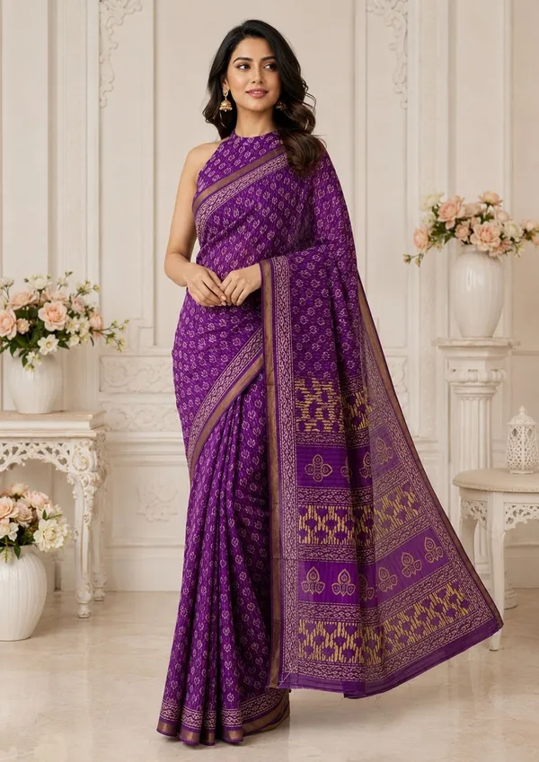 Leelavati_Printed_Floral_Print_Geometric_Print_Blocked_Printed_Woven_Daily_Wear_Pure_Cotton_Saree_Purple