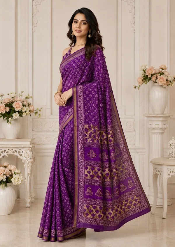 Leelavati_Printed_Floral_Print_Geometric_Print_Blocked_Printed_Woven_Daily_Wear_Pure_Cotton_Saree_Purple