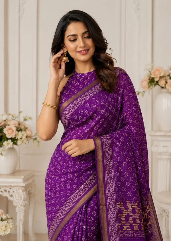 Leelavati_Printed_Floral_Print_Geometric_Print_Blocked_Printed_Woven_Daily_Wear_Pure_Cotton_Saree_Purple