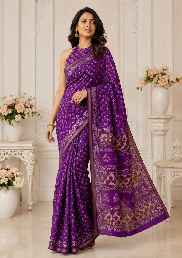 Leelavati_Printed_Floral_Print_Geometric_Print_Blocked_Printed_Woven_Daily_Wear_Pure_Cotton_Saree_Purple