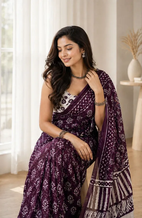 Leelavati_Printed_Floral_Print_Geometric_Print_Blocked_Printed_Woven_Daily_Wear_Pure_Cotton_Saree_Brown