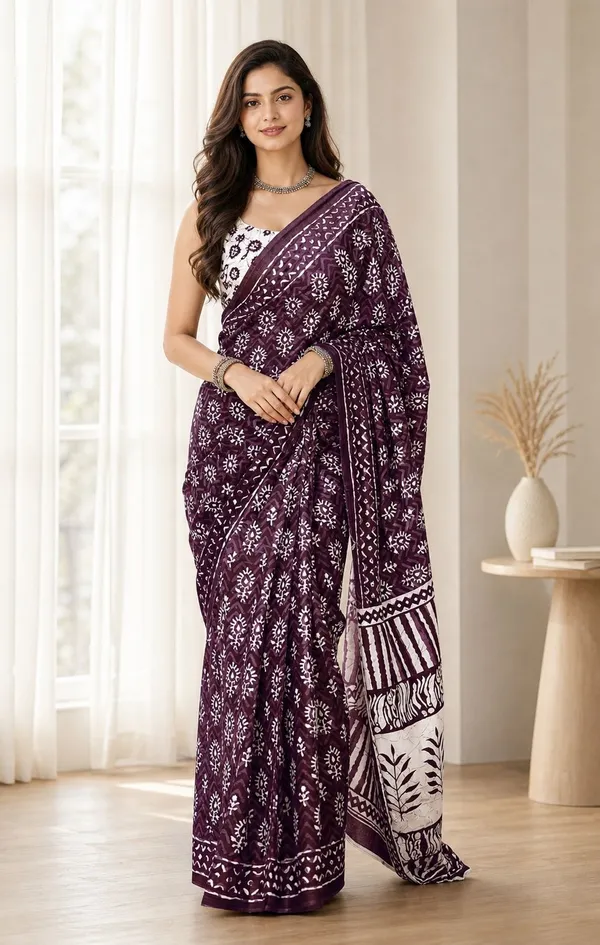 Leelavati_Printed_Floral_Print_Geometric_Print_Blocked_Printed_Woven_Daily_Wear_Pure_Cotton_Saree_Brown