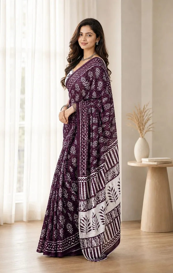 Leelavati_Printed_Floral_Print_Geometric_Print_Blocked_Printed_Woven_Daily_Wear_Pure_Cotton_Saree_Brown