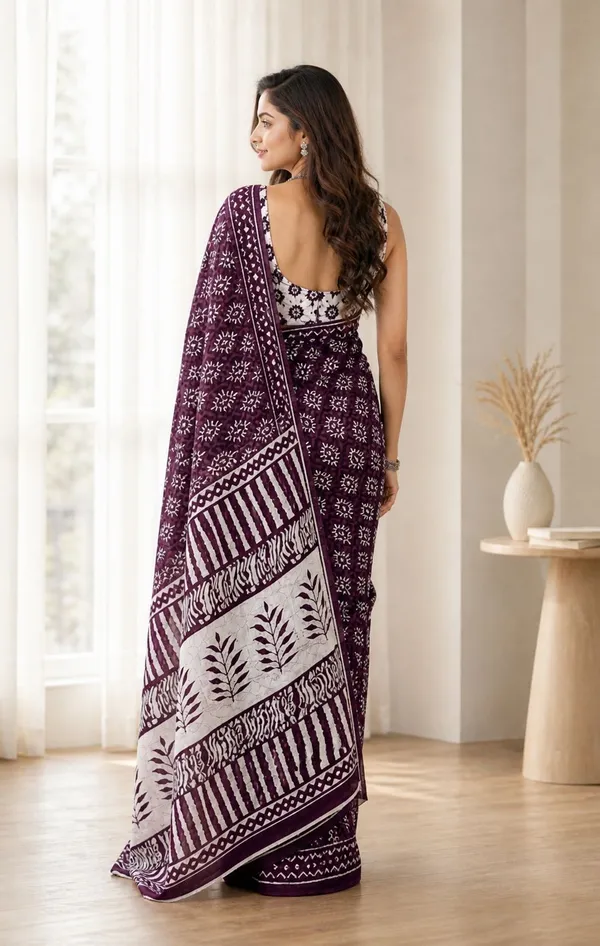 Leelavati_Printed_Floral_Print_Geometric_Print_Blocked_Printed_Woven_Daily_Wear_Pure_Cotton_Saree_Brown