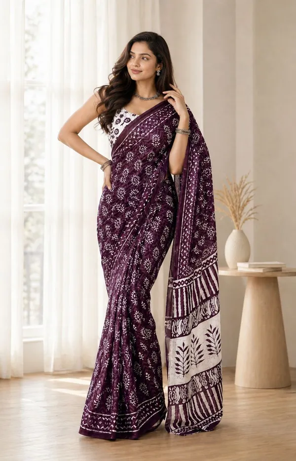 Leelavati_Printed_Floral_Print_Geometric_Print_Blocked_Printed_Woven_Daily_Wear_Pure_Cotton_Saree_Brown