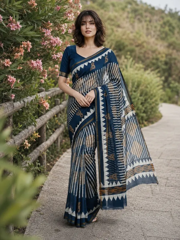 Leelavati_Printed_Floral_Print_Geometric_Print_Blocked_Printed_Woven_Daily_Wear_Pure_Cotton_Saree_Blue