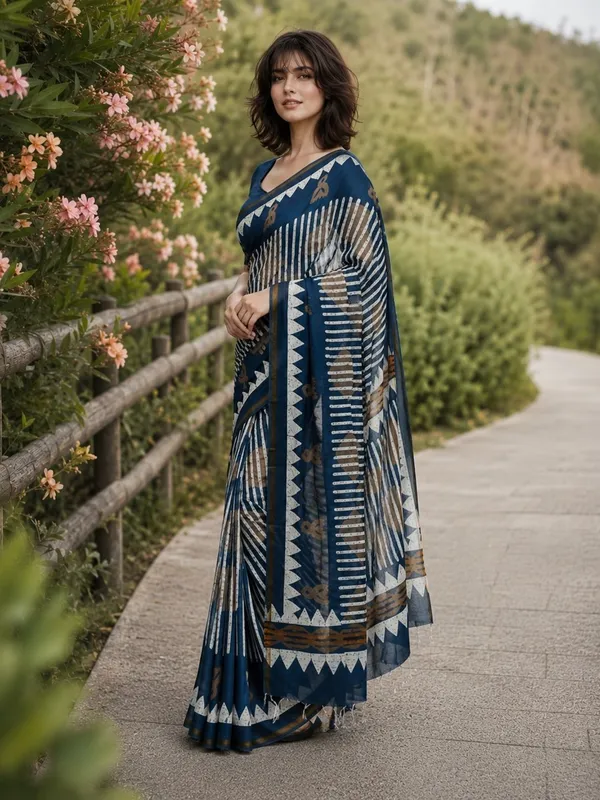 Leelavati_Printed_Floral_Print_Geometric_Print_Blocked_Printed_Woven_Daily_Wear_Pure_Cotton_Saree_Blue