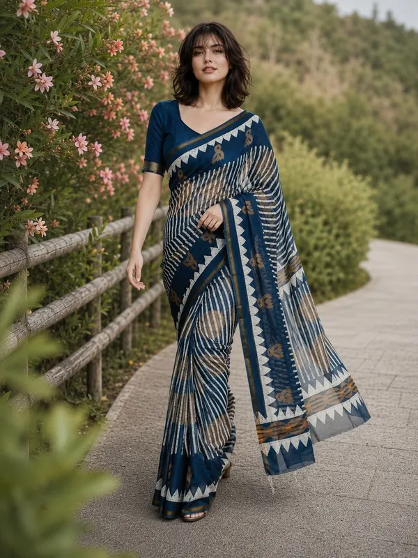 Leelavati_Printed_Floral_Print_Geometric_Print_Blocked_Printed_Woven_Daily_Wear_Pure_Cotton_Saree_Blue