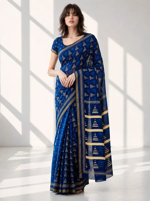 Leelavati_Printed_Floral_Print_Geometric_Print_Blocked_Printed_Woven_Daily_Wear_Pure_Cotton_Saree_Blue