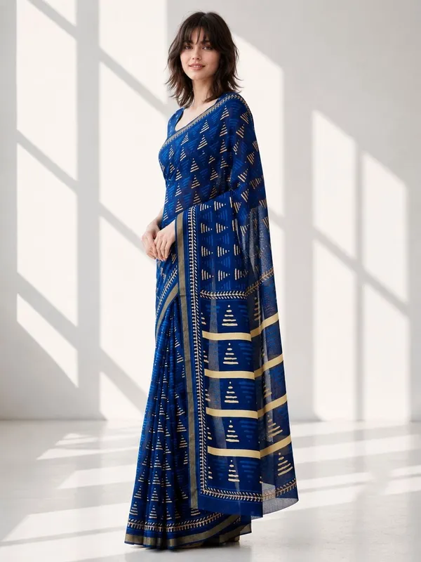 Leelavati_Printed_Floral_Print_Geometric_Print_Blocked_Printed_Woven_Daily_Wear_Pure_Cotton_Saree_Blue