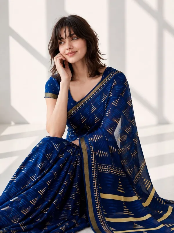 Leelavati_Printed_Floral_Print_Geometric_Print_Blocked_Printed_Woven_Daily_Wear_Pure_Cotton_Saree_Blue