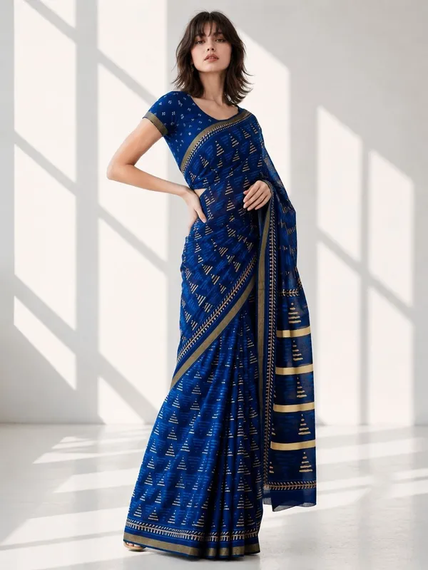 Leelavati_Printed_Floral_Print_Geometric_Print_Blocked_Printed_Woven_Daily_Wear_Pure_Cotton_Saree_Blue