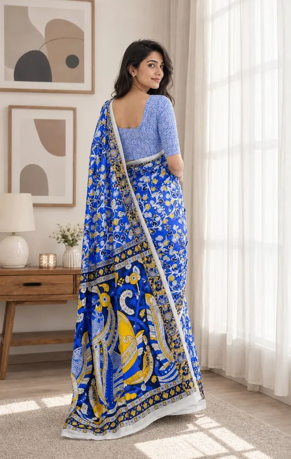 Leelavati_Printed_Floral_Print_Geometric_Print_Blocked_Printed_Woven_Daily_Wear_Pure_Cotton_Saree_Blue