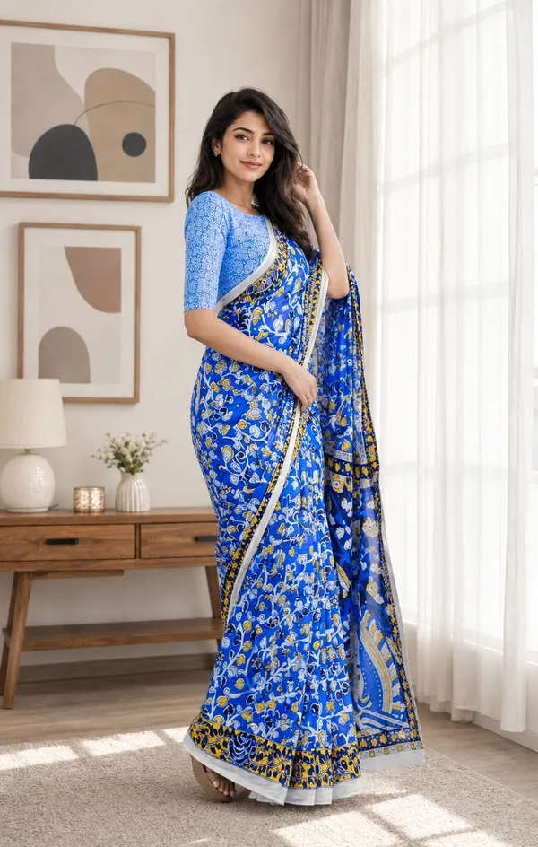 Leelavati_Printed_Floral_Print_Geometric_Print_Blocked_Printed_Woven_Daily_Wear_Pure_Cotton_Saree_Blue
