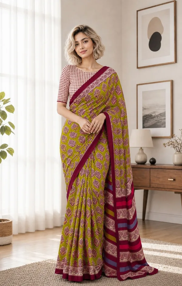 Leelavati_Printed_Floral_Print_Geometric_Print_Blocked_Printed_Woven_Daily_Wear_Pure_Cotton_Saree_Green
