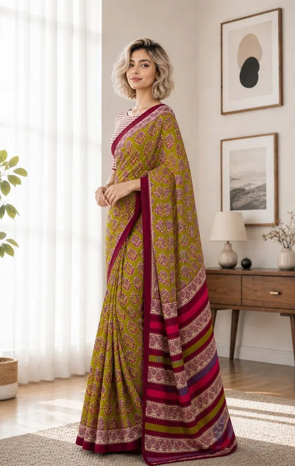 Leelavati_Printed_Floral_Print_Geometric_Print_Blocked_Printed_Woven_Daily_Wear_Pure_Cotton_Saree_Green
