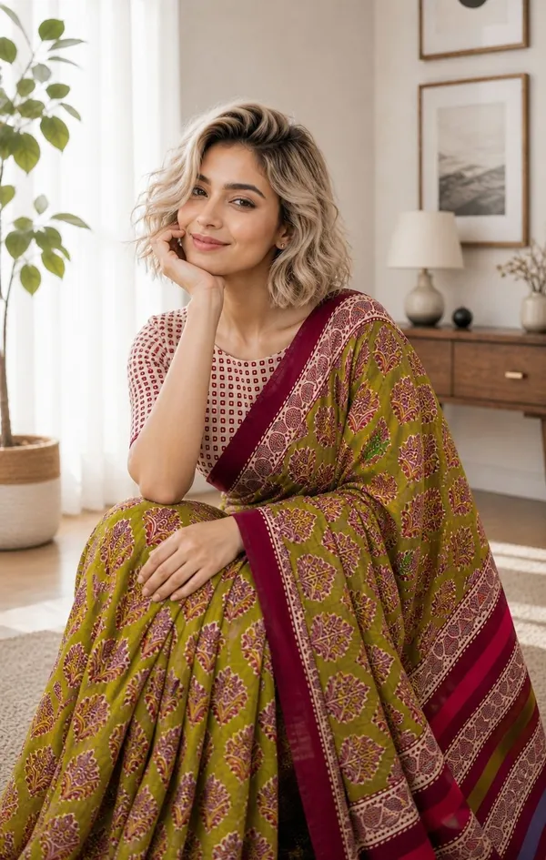 Leelavati_Printed_Floral_Print_Geometric_Print_Blocked_Printed_Woven_Daily_Wear_Pure_Cotton_Saree_Green