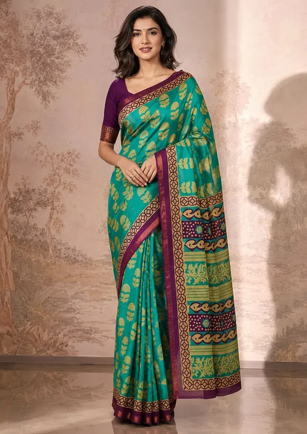 Leelavati_Printed_Floral_Print_Geometric_Print_Blocked_Printed_Woven_Daily_Wear_Pure_Cotton_Saree_Green