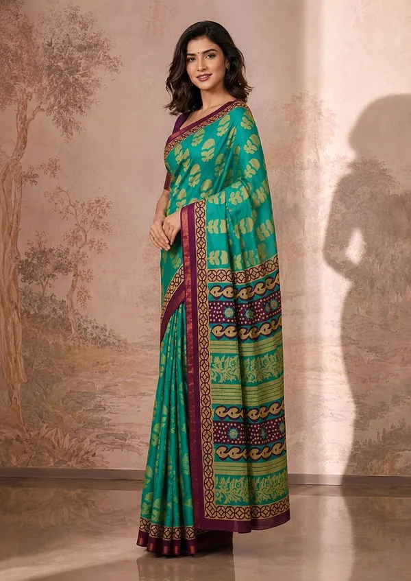 Leelavati_Printed_Floral_Print_Geometric_Print_Blocked_Printed_Woven_Daily_Wear_Pure_Cotton_Saree_Green