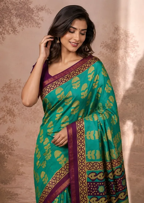 Leelavati_Printed_Floral_Print_Geometric_Print_Blocked_Printed_Woven_Daily_Wear_Pure_Cotton_Saree_Green