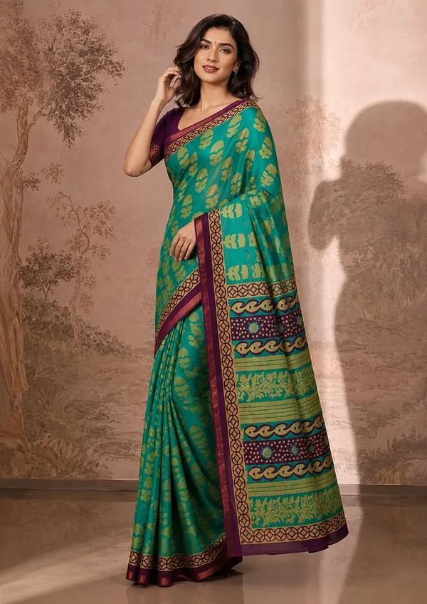 Leelavati_Printed_Floral_Print_Geometric_Print_Blocked_Printed_Woven_Daily_Wear_Pure_Cotton_Saree_Green