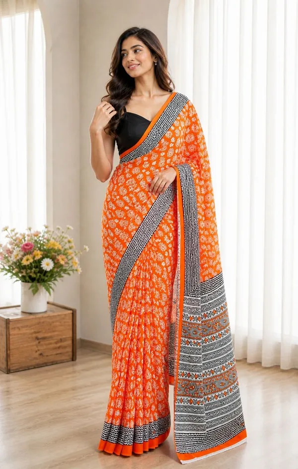 Leelavati_Printed_Floral_Print_Geometric_Print_Blocked_Printed_Woven_Daily_Wear_Pure_Cotton_Saree_Orange