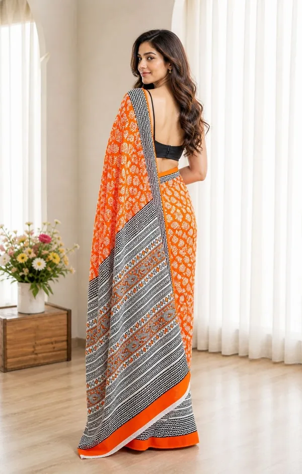 Leelavati_Printed_Floral_Print_Geometric_Print_Blocked_Printed_Woven_Daily_Wear_Pure_Cotton_Saree_Orange