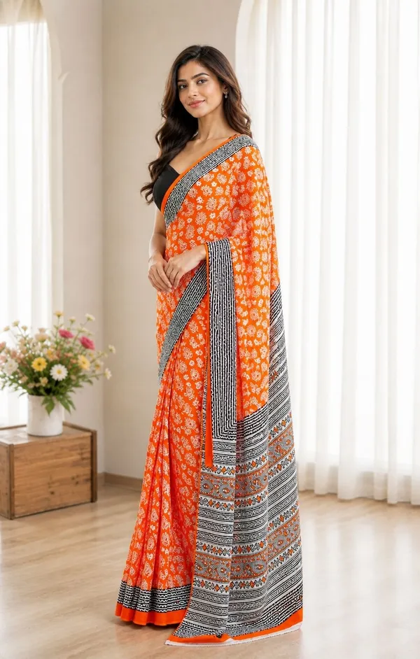 Leelavati_Printed_Floral_Print_Geometric_Print_Blocked_Printed_Woven_Daily_Wear_Pure_Cotton_Saree_Orange