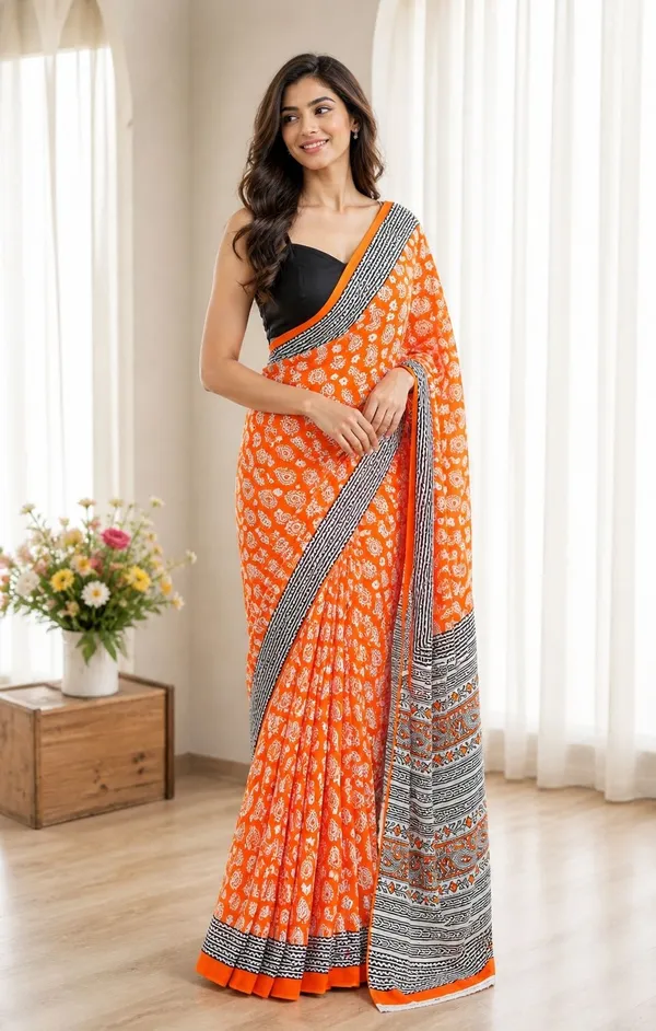 Leelavati_Printed_Floral_Print_Geometric_Print_Blocked_Printed_Woven_Daily_Wear_Pure_Cotton_Saree_Orange