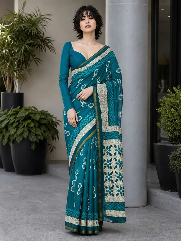 Leelavati_Printed_Floral_Print_Geometric_Print_Blocked_Printed_Woven_Daily_Wear_Pure_Cotton_Saree_Light_Blue