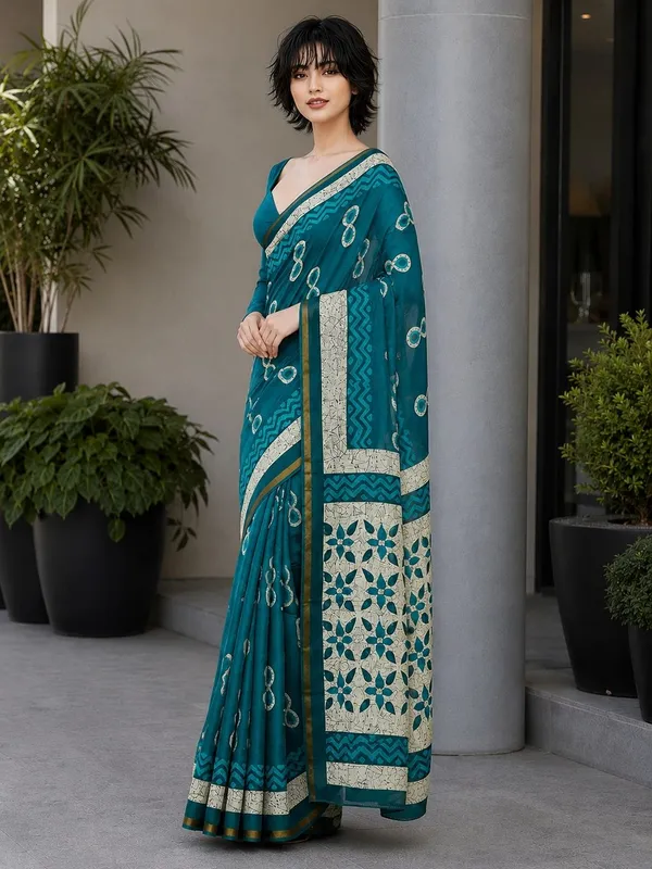 Leelavati_Printed_Floral_Print_Geometric_Print_Blocked_Printed_Woven_Daily_Wear_Pure_Cotton_Saree_Light_Blue