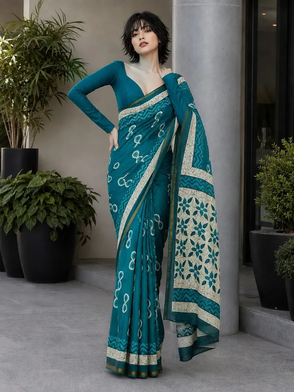 Leelavati_Printed_Floral_Print_Geometric_Print_Blocked_Printed_Woven_Daily_Wear_Pure_Cotton_Saree_Light_Blue