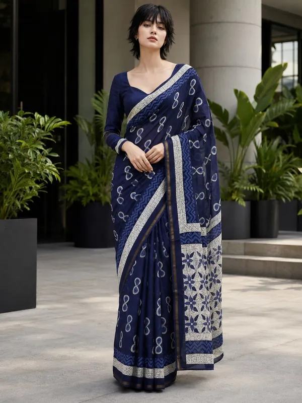 Leelavati_Printed_Floral_Print_Geometric_Print_Blocked_Printed_Woven_Daily_Wear_Pure_Cotton_Saree_Dark_Blue