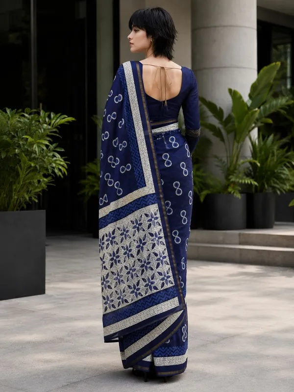 Leelavati_Printed_Floral_Print_Geometric_Print_Blocked_Printed_Woven_Daily_Wear_Pure_Cotton_Saree_Dark_Blue