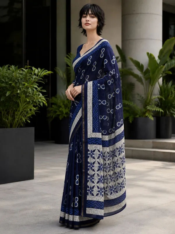 Leelavati_Printed_Floral_Print_Geometric_Print_Blocked_Printed_Woven_Daily_Wear_Pure_Cotton_Saree_Dark_Blue