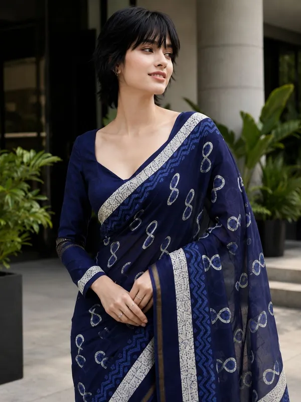 Leelavati_Printed_Floral_Print_Geometric_Print_Blocked_Printed_Woven_Daily_Wear_Pure_Cotton_Saree_Dark_Blue