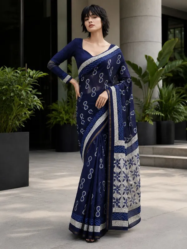 Leelavati_Printed_Floral_Print_Geometric_Print_Blocked_Printed_Woven_Daily_Wear_Pure_Cotton_Saree_Dark_Blue