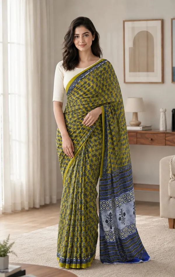 Leelavati_Printed_Floral_Print_Geometric_Print_Blocked_Printed_Woven_Daily_Wear_Pure_Cotton_Saree_Green