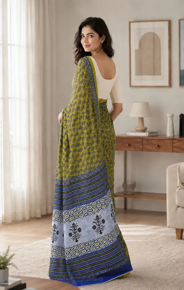 Leelavati_Printed_Floral_Print_Geometric_Print_Blocked_Printed_Woven_Daily_Wear_Pure_Cotton_Saree_Green