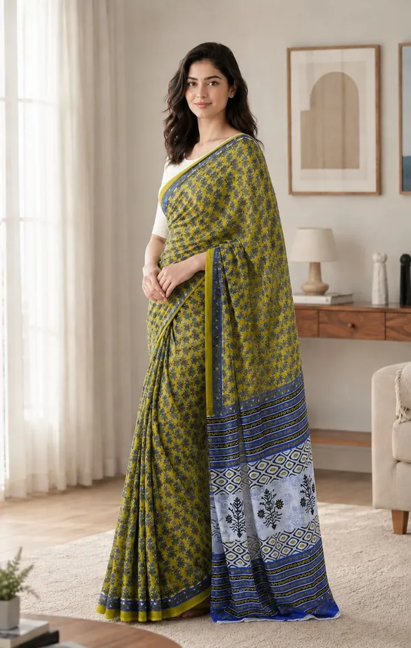 Leelavati_Printed_Floral_Print_Geometric_Print_Blocked_Printed_Woven_Daily_Wear_Pure_Cotton_Saree_Green