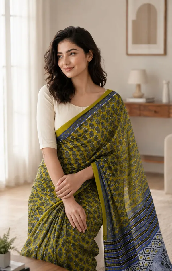 Leelavati_Printed_Floral_Print_Geometric_Print_Blocked_Printed_Woven_Daily_Wear_Pure_Cotton_Saree_Green
