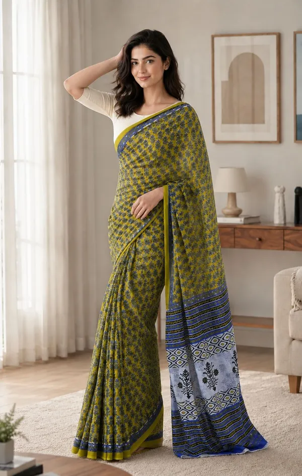 Leelavati_Printed_Floral_Print_Geometric_Print_Blocked_Printed_Woven_Daily_Wear_Pure_Cotton_Saree_Green